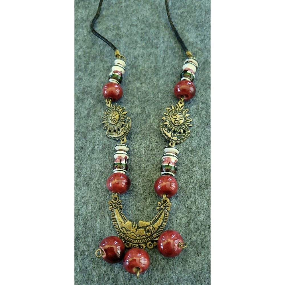 Boho Sun Moon Ceramic Bead Necklace Red Black Cord Endless 26in 43g Folk